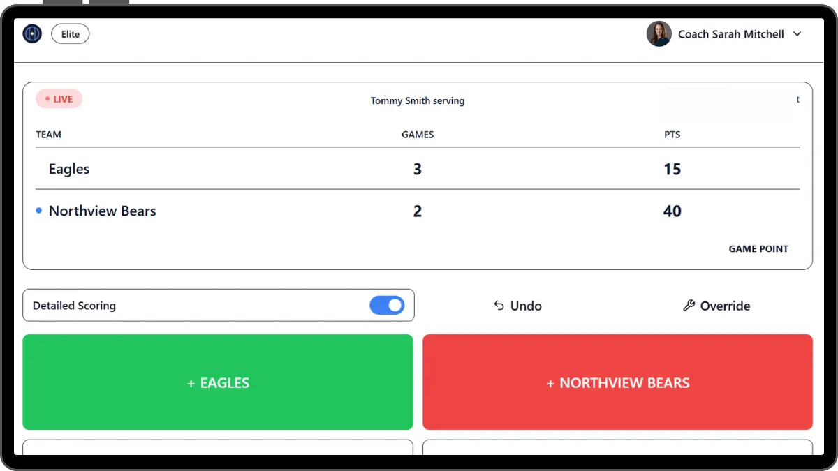 Match calling interface with score buttons
