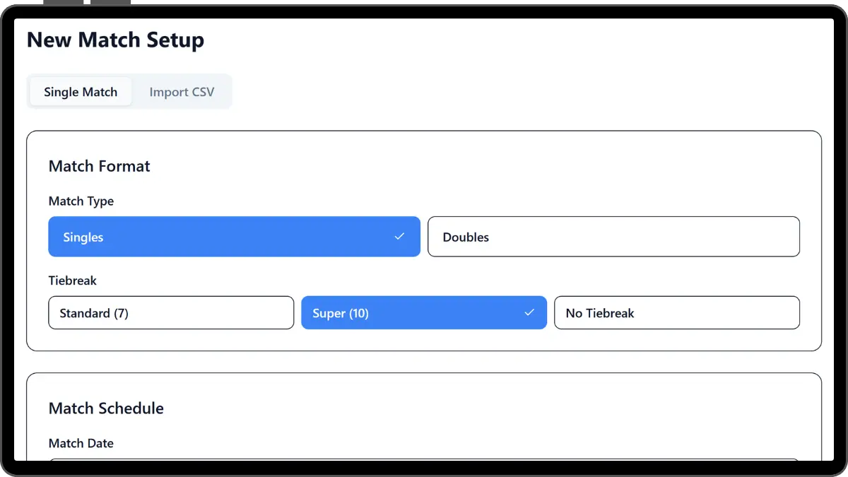 Match scheduling interface